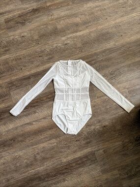 Weissman White Long-Sleeve Dance Leotard with Mesh Insets